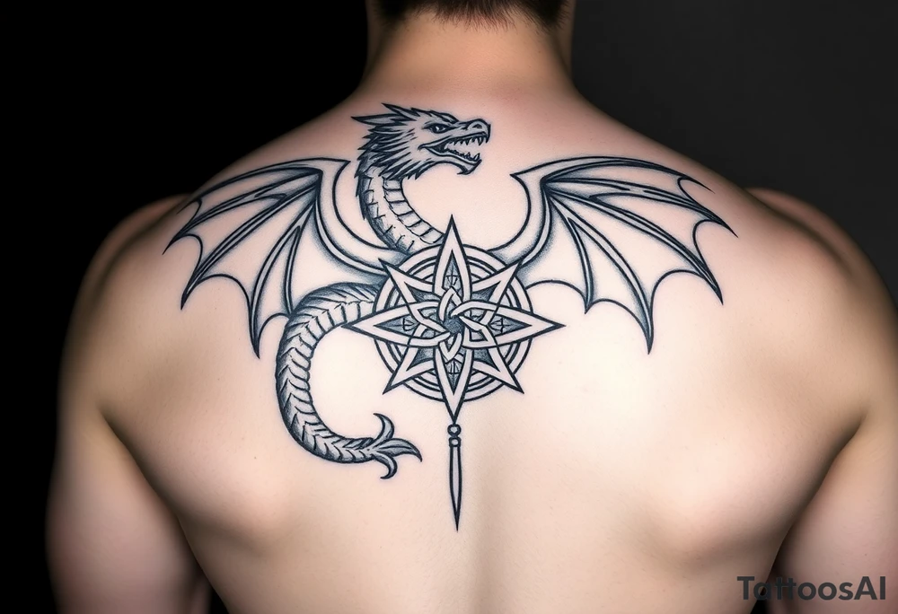 Masculine beautiful realistic dragon holding celtic star tattoo idea