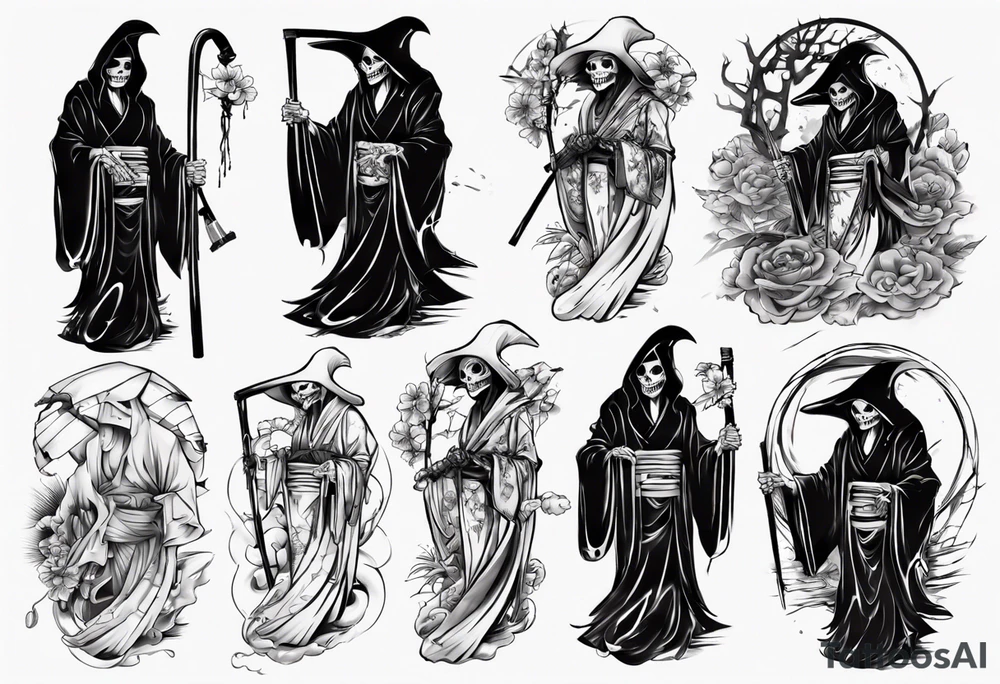 grim reaper who is also a sexy geisha tattoo idea