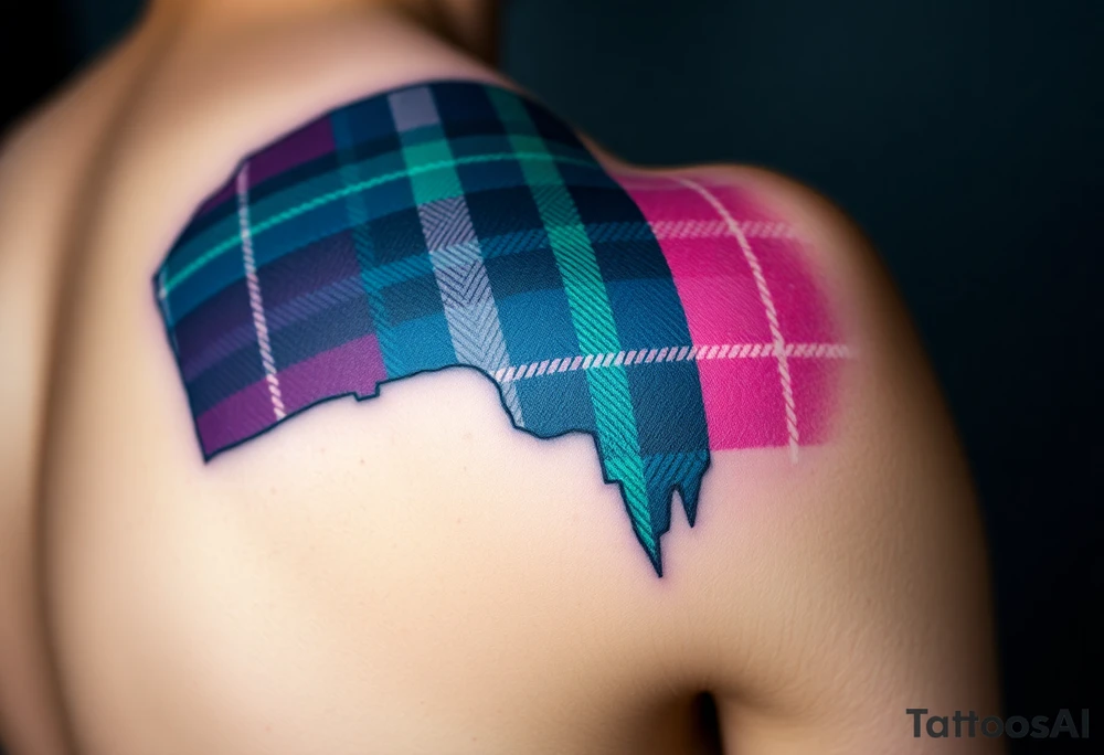 Side of arm Dark Purple with green pink blue and white highlights tartan fabric with skin peeling away at edges tattoo idea