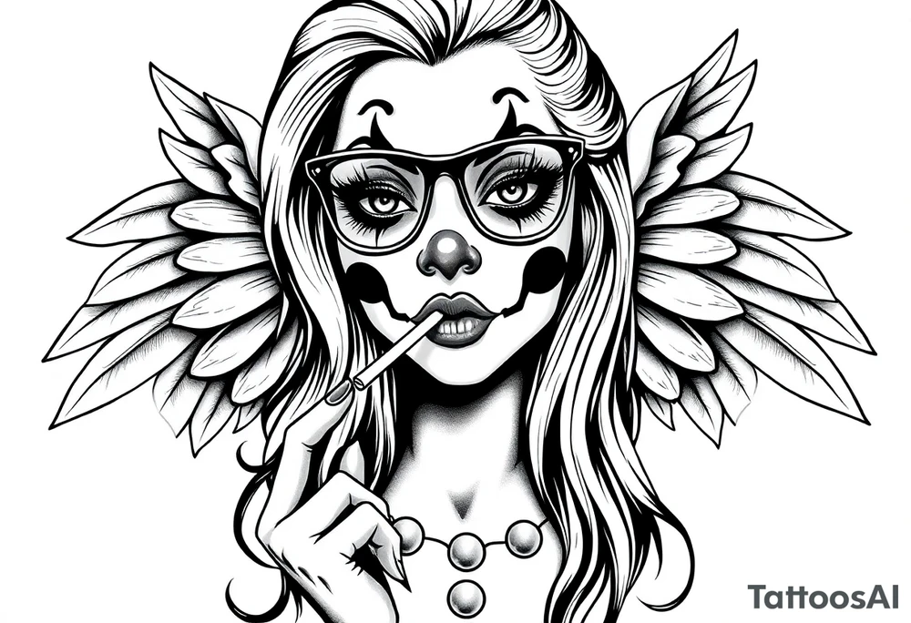 beautiful long hair pin up Clown face Girl payasa  thug eyeglasses  angelic wings smoking a cigarette tattoo idea