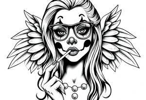 beautiful long hair pin up Clown face Girl payasa  thug eyeglasses  angelic wings smoking a cigarette tattoo idea