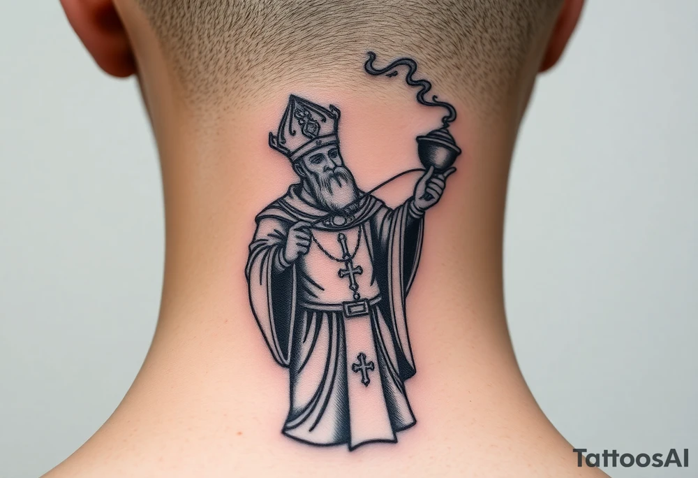 Russian Orthodox Priest in fully detailed vestment swinging a censer with smoke curling upward tattoo idea