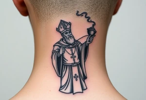 Russian Orthodox Priest in fully detailed vestment swinging a censer with smoke curling upward tattoo idea