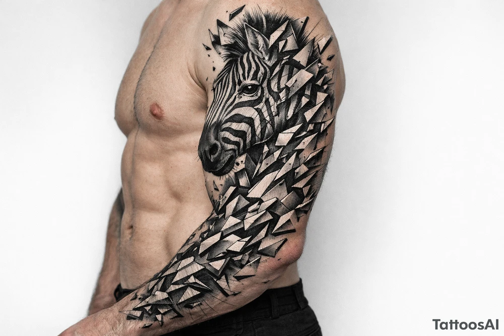 Hyperrealistic zebra head shattering into geometric shards across shoulder and chest. tattoo idea
