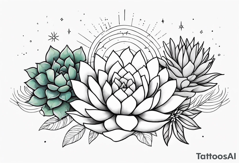fine line with sun, stars, floral, dots, three succulents
. Sternum tattoo grey scale shading tattoo idea