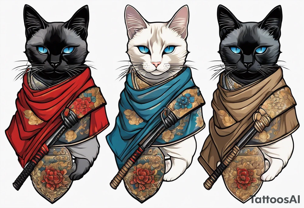 A siamese cat standing up wearing a ronin armor and holding a katana tattoo idea