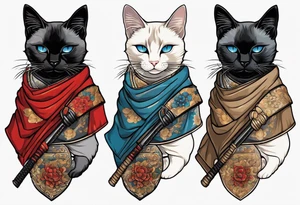A siamese cat standing up wearing a ronin armor and holding a katana tattoo idea