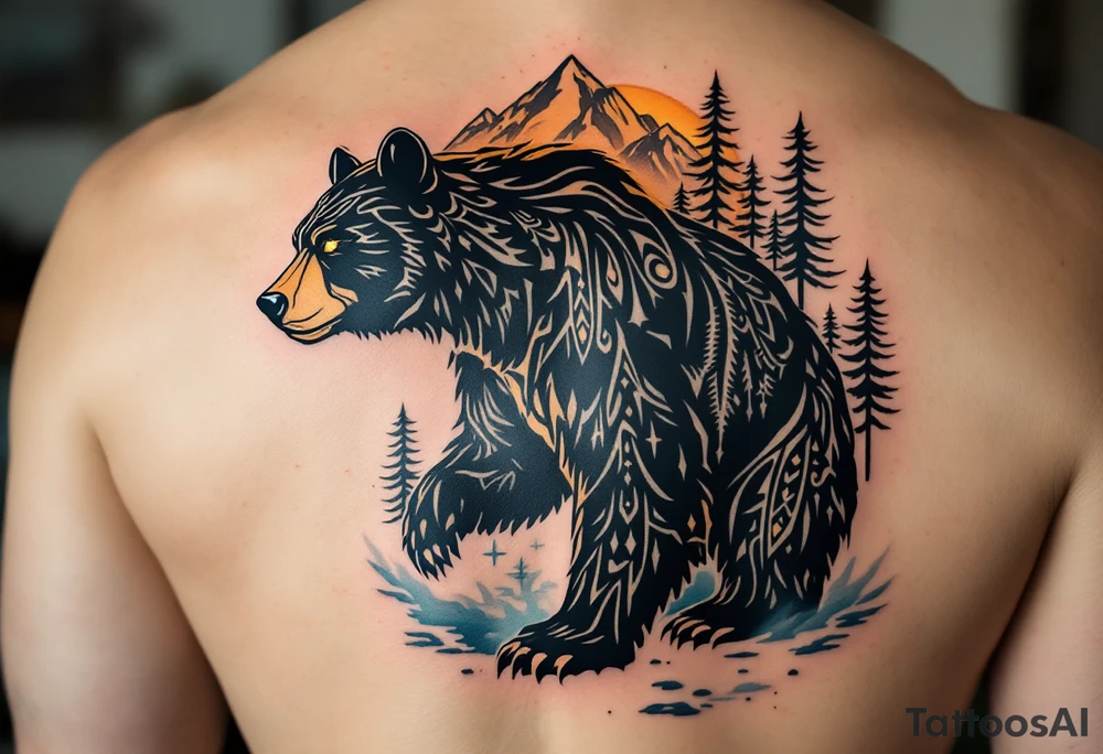 A powerful, majestic bear tattoo with a deep black and brown color palette. The bear is depicted in a standing position, symbolizing strength and protection, with intricate tribal patterns subtly etched along its body, representing its spiritual connection to the earth. The bear’s eyes glow soft golden to represent wisdom and insight. Around the bear, mountain peaks and pine trees form a natural, serene backdrop, while delicate blue mist rises from the ground, tattoo idea