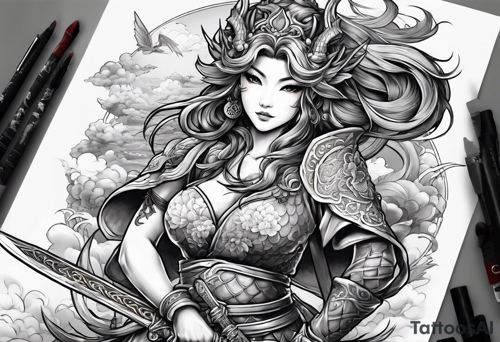 warrior beautiful fairy nymph with a full body with a sword and a full dragon with a mountain with clouds and a Japanese building background tattoo idea