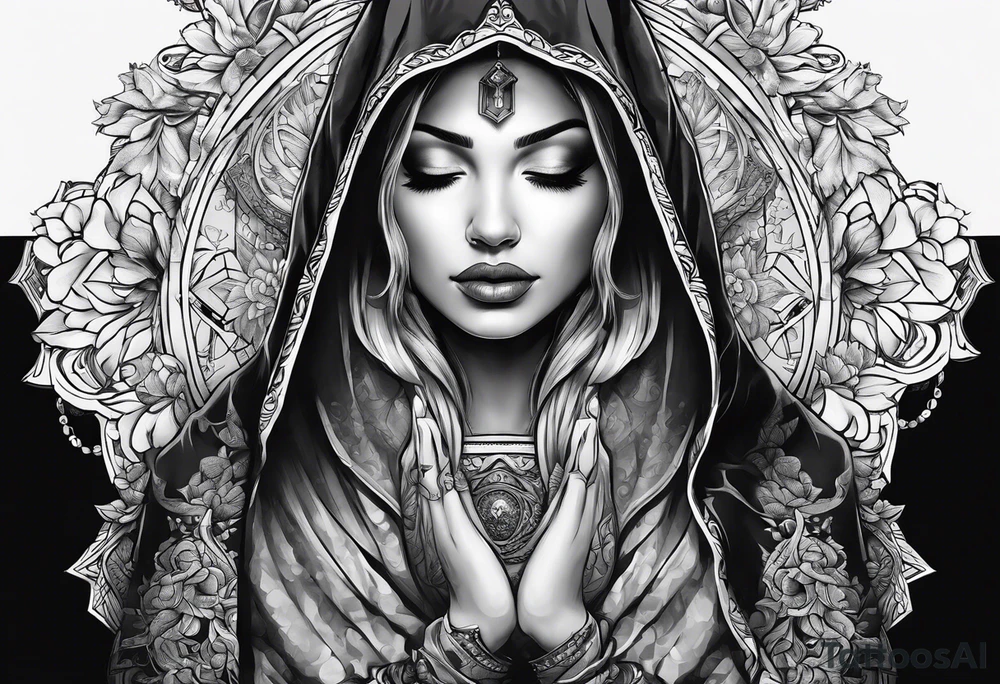 Praying woman in hood tattoo idea
