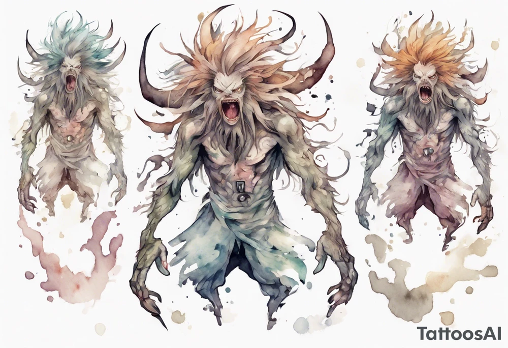a pale creature walking upright with messy hair, white eyes, screaming tattoo idea