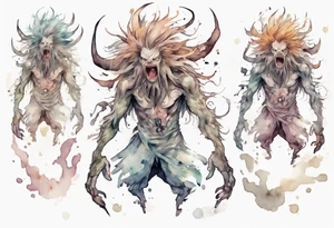 a pale creature walking upright with messy hair, white eyes, screaming tattoo idea