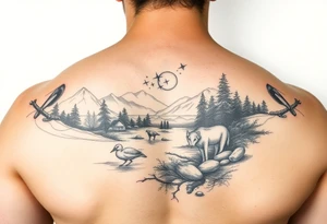 Create a scenic nature half sleeve for a man. Add lots of details including animals. tattoo idea