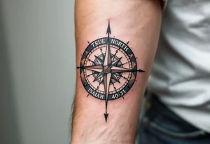 Rustic half compass with a long native American arrow pointing at my wrist with the words “True North” and says "Isaiah 40:31" tattoo idea