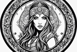 Viking, feminine warrior, mandala, bedroom eyes, headshot, closeup, full design, princess, round emblem tattoo idea