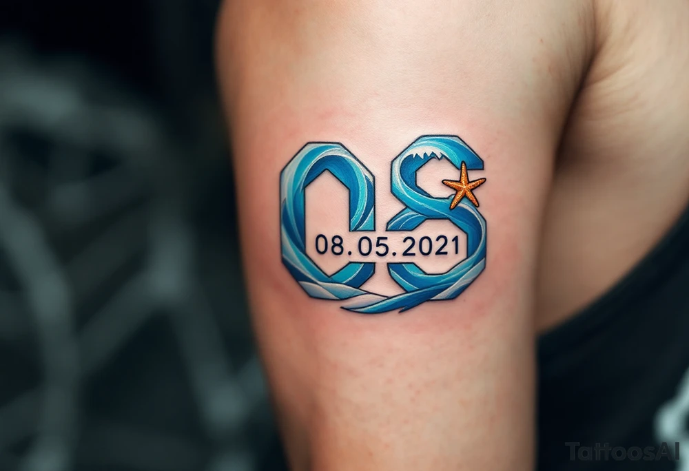 Roman 08. 05. 2021) – Deep blue ocean waves wrapping around Roman's birthdate, with seafoam white accents and a starfish design near the numbers. tattoo idea