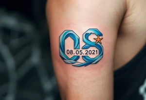 Roman 08. 05. 2021) – Deep blue ocean waves wrapping around Roman's birthdate, with seafoam white accents and a starfish design near the numbers. tattoo idea