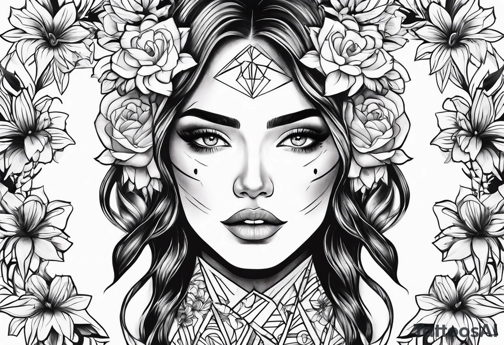 Powerful women’s face with flowers around tattoo idea