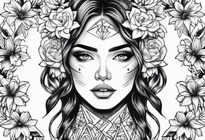 Powerful women’s face with flowers around tattoo idea