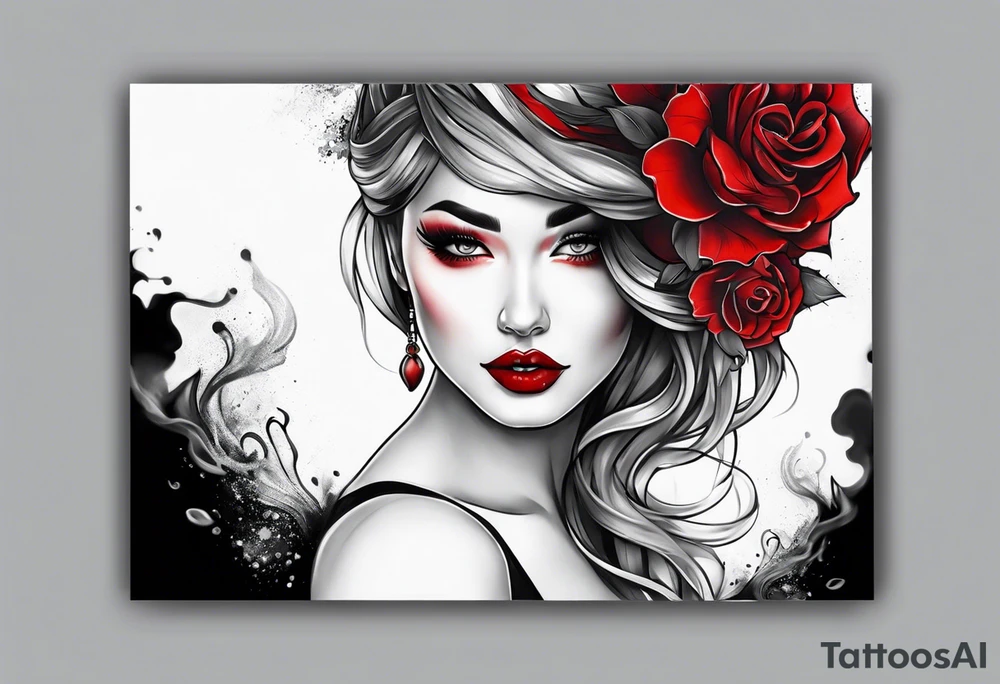 Woman hole in cheek red smoke tattoo idea