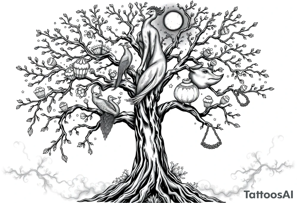 mystical tree  with cosmic  branches fat naked sexy woman , peacock , pig , cupcakes, sins,  Storm clouds, pig, peacock , fat sexy naked fat woman, cupcakes, noose , money, goat lion, man sex toys pussy dicks, cigerette storm lightening, killing, darkness death, violent majestic creatures and tattoo idea