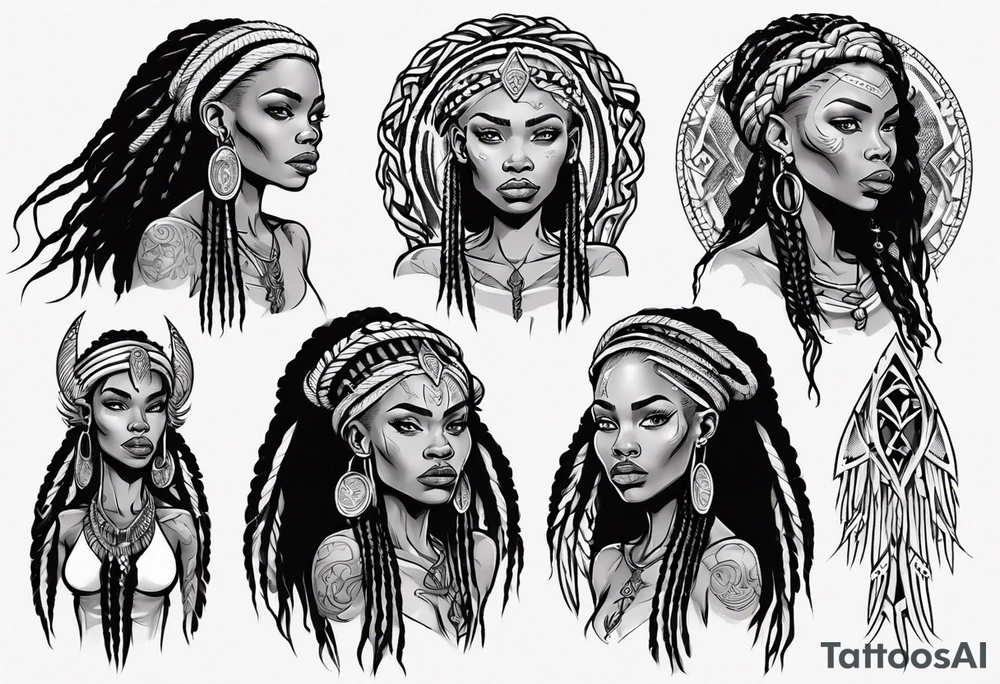 African female Viking  angel full body 
slim long face small mouth long braided hair tattoo idea