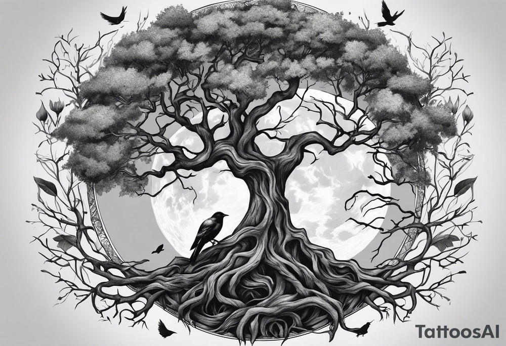 strong, poison tree, branches, roots, birds, tall, full moon tattoo idea