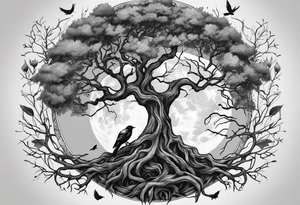 strong, poison tree, branches, roots, birds, tall, full moon tattoo idea