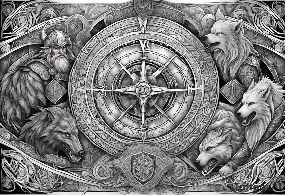 Full sleeve and pectoral tattoo showing the epic battle of ragnarok. It should include a scene between Thor, the god of thunder versus Jörmungandr the serpent as well as Odin all father and Fenrir the wolf. Place a Viking compass in the middle of the pectoral tattoo idea