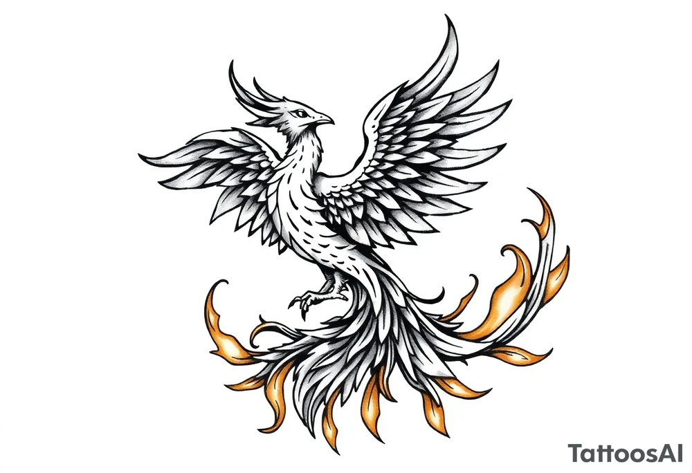 magnificent phoenix rising from golden flames with trailing embers tattoo idea