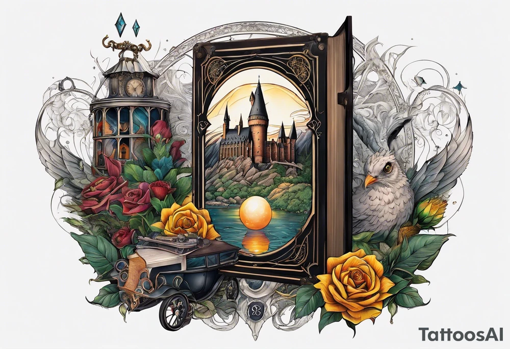 Cohesive sleeve with elements from 1984, Harry Potter, a series of unfortunate events, tattoo idea