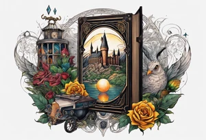 Cohesive sleeve with elements from 1984, Harry Potter, a series of unfortunate events, tattoo idea