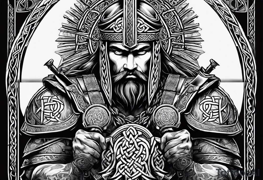 Wide shot of a Celtic warrior with weapons unsheathed tattoo idea