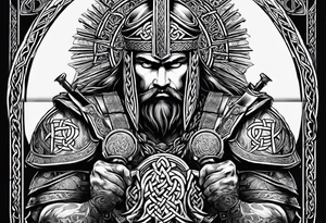 Wide shot of a Celtic warrior with weapons unsheathed tattoo idea
