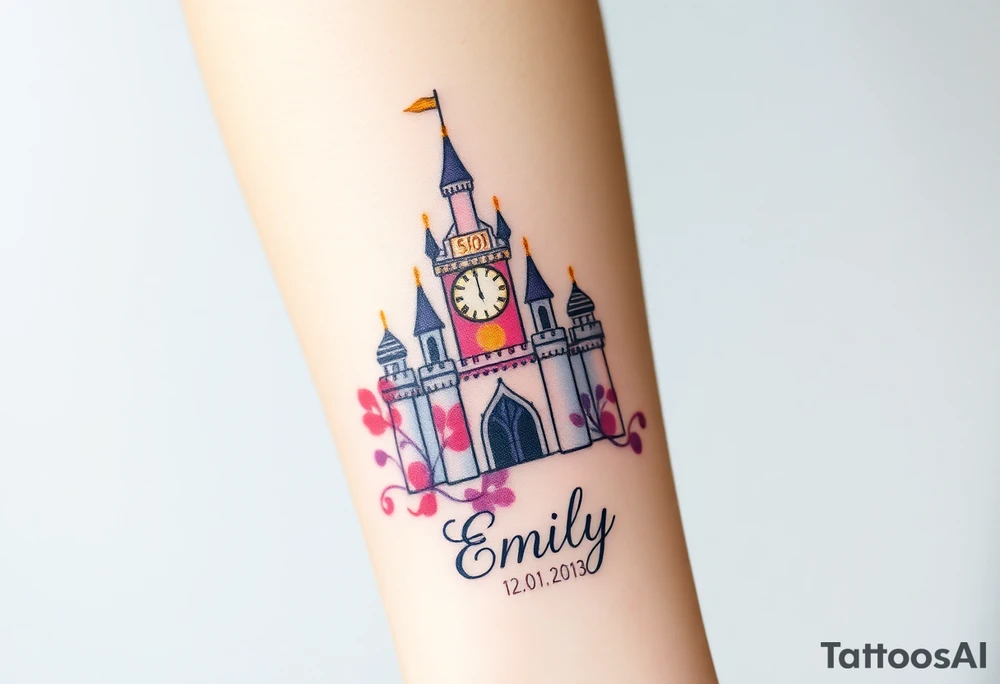 A fairytale-style castle with a glowing clock tower, marking the exact birth time "14:50" with birth date "12. 01. 2013" and name "Emily", in soft pastel pink, purple, and gold accents tattoo idea