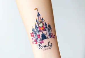 A fairytale-style castle with a glowing clock tower, marking the exact birth time "14:50" with birth date "12. 01. 2013" and name "Emily", in soft pastel pink, purple, and gold accents tattoo idea