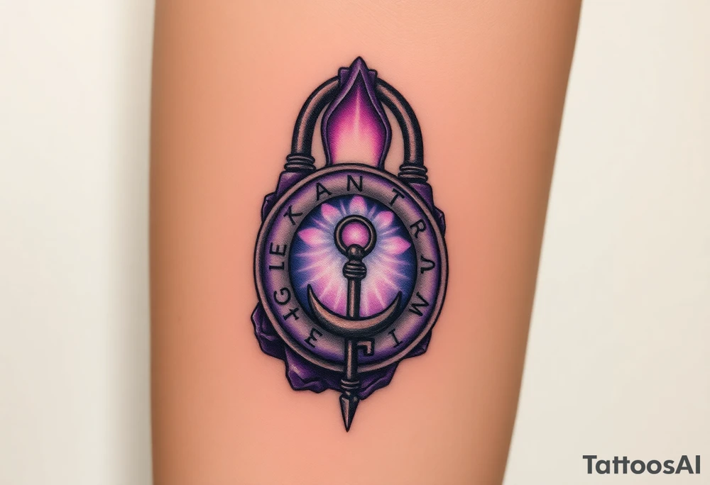 A deep purple crystal lock with glowing runes, and a crescent moon-shaped key radiating a mystical aura tattoo idea
