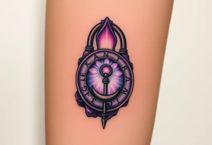 A deep purple crystal lock with glowing runes, and a crescent moon-shaped key radiating a mystical aura tattoo idea