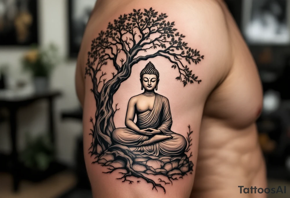 Buddha Sitting in Meditation – The iconic seated posture under the Bodhi tree, in soft sepia, black and gray, or gold ink. tattoo idea