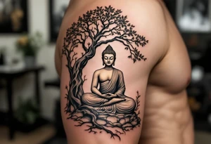 Buddha Sitting in Meditation – The iconic seated posture under the Bodhi tree, in soft sepia, black and gray, or gold ink. tattoo idea