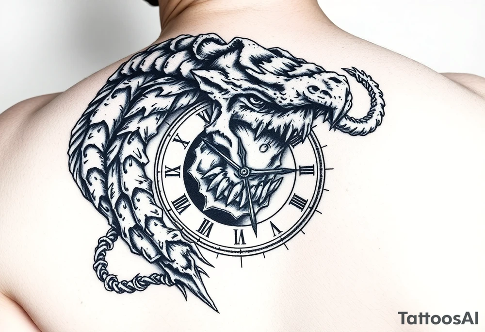 Cronos devorando el tiempo: puede incluir un reloj roto, engranajes y el rostro de Cronos, ideal en blanco y negro. tattoo idea