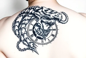 Cronos devorando el tiempo: puede incluir un reloj roto, engranajes y el rostro de Cronos, ideal en blanco y negro. tattoo idea