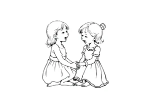 Zwei lachende kleine mädchen sitzen sich gegenüber eine hat einen Dutt die andere einen Zopf und sie berühren sich an den Fußsohlen seitenansicht tattoo idea