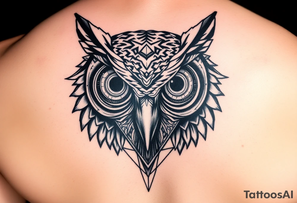 Owl head with large intense tripping on acid colored eyes with cyberpunk style  and geometry tattoo idea