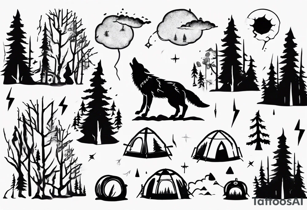 thunderstorm over a forest with a wolf howling on drums tattoo idea thunderstorm over a forest with a wolf howling on drums tattoo idea