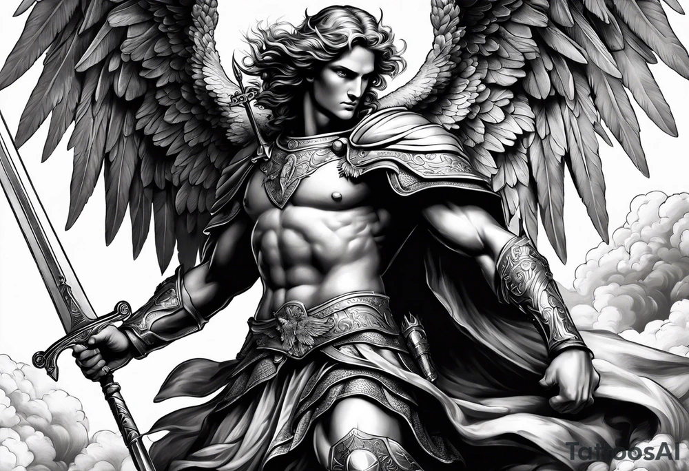 image of st michael the archangel with sword and shield slAYING A DEMON tattoo idea