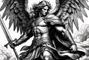 image of st michael the archangel with sword and shield slAYING A DEMON tattoo idea