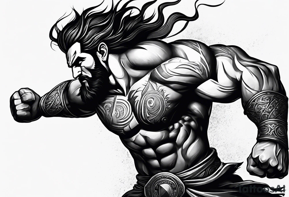 full body strong mythical giant turned to the side about to punch something stipple shading tattoo idea