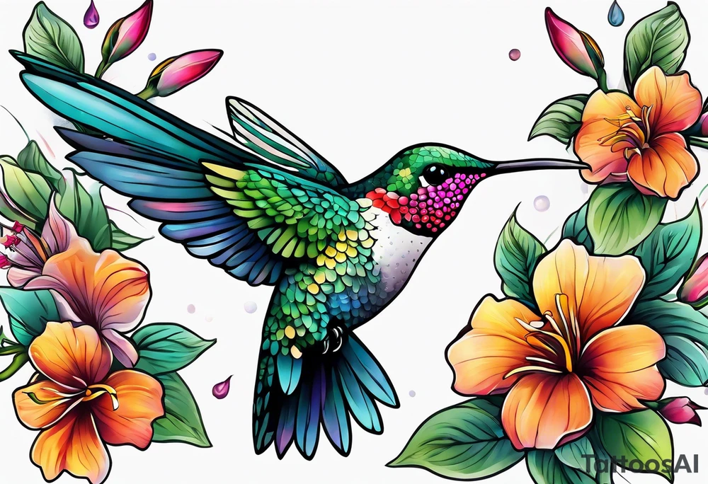 botanical, flowers, colorful, different, hummingbird, dot tattoo idea