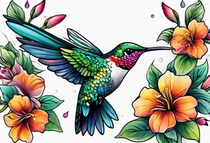 botanical, flowers, colorful, different, hummingbird, dot tattoo idea